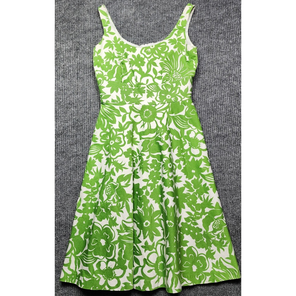 Donna Ricco Green White Floral Cotton Fit Flare Midi Dress Size 4 Spring Summer